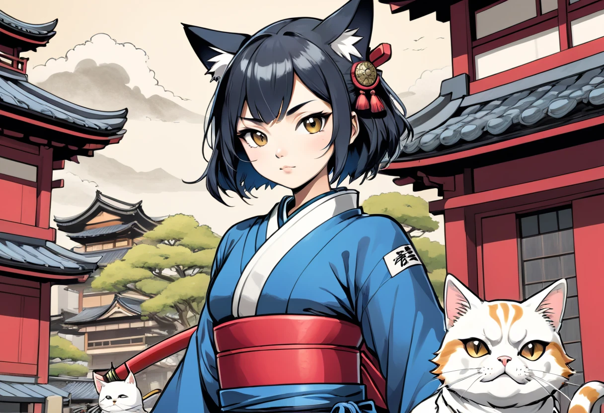 arte em tinta fina, comic style, portrait of japan, samurai cat and dog, Glamour de Osaka, bela arte de linha, comic style, manga style, manga art style, pencil and ink caricature drawing, coloring, , other positions, corpo inteiro. Japan Background, cat ninja and dog samurai, desenho colorido. Old japan sity in background
