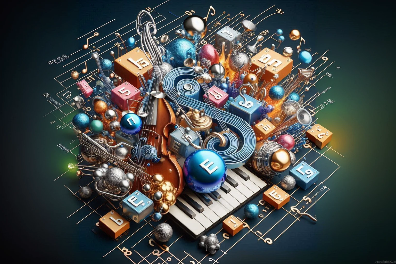 Compose an abstract artwork where each element on the periodic table is a musical note. Arrange them harmoniously to create a chemical symphony that celebrates scientific discovery