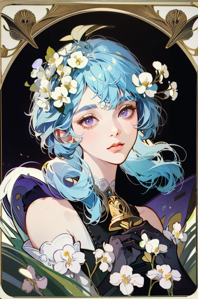 1 girl solo, light blue hair, purple eyes, dark red ram horns, golden bell on her chest, detached white and blue sleeves, bare shoulders, sleeveless black top, black gloves, ((portrait face closeup)) Vintage Victorian style, Precise vintage encyclopedia (best quality:1.2), (detailed:1.2), (masterpiece:1.2), vintage botanical illustration, (((white flowers Diphylleia grayi)))