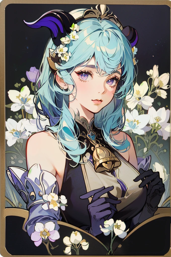 1 girl solo, light blue hair, purple eyes, dark red ram horns, golden bell on her chest, detached white and blue sleeves, bare shoulders, sleeveless black top, black gloves, ((portrait face closeup)) Vintage Victorian style, Precise vintage encyclopedia (best quality:1.2), (detailed:1.2), (masterpiece:1.2), vintage botanical illustration, (((white flowers Diphylleia grayi)))