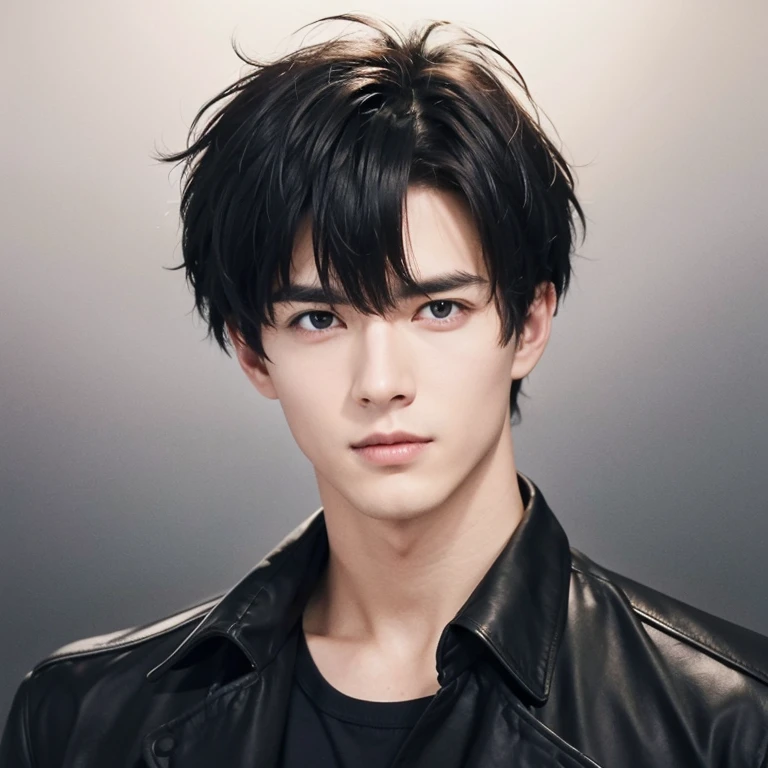 at office,wearing black leather coat,two block haircut, Attractive man,Live-action photo,Handsome and sunny,(SLR effect,Reality,8K,Hyper-detailing,Absolute realism)