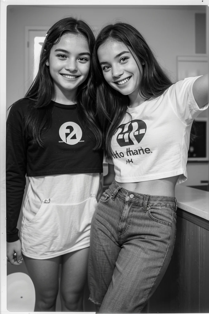 A photograph of teenage girl and boy, both smiling and looking at the camera. The girl might be holding a phone in her hand, capturing the selfie. They might be making fun expressions like sticking their tongues out or flashing peace signs. A casual setting, like a park or a room decorated for a party. The photo has a white Polaroid border with space at the bottom.