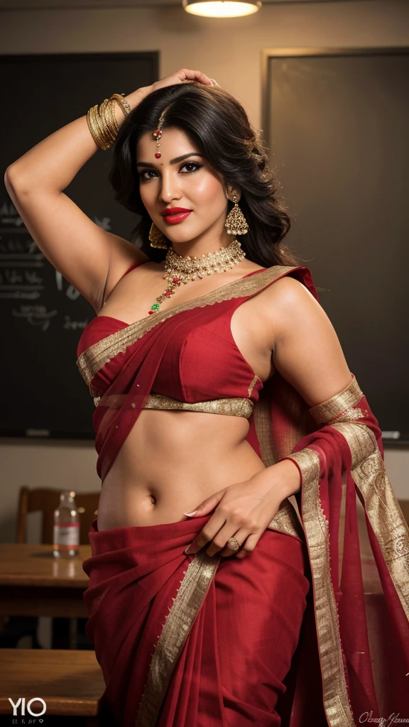  Sunny leone, inside class room behind blackboard  sassy photoshoot, (wearing full Indian saree ),(red lipstick, sexy bright face), (intricate detailing of face eyes nose mouth full lips & body parts), textured skin, smile:0.6, eyes symmetry, face symmetry, 256K, HDR, hyper realistic, intricate detailing, yotta-pixel image, yocto-pixel detailing, super realistic,4k, HDR, detailed image, full cover saree,