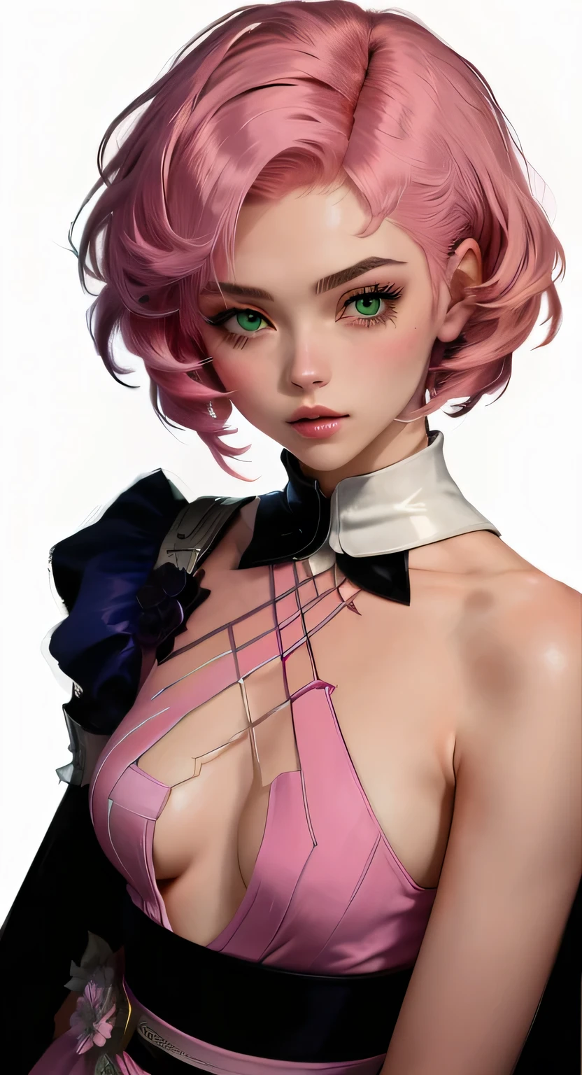 Alisa bosconovitch android of Russian origin, iris of green sparkling eyes, best qualityer, contemporary, flat style, minimalism, Illustrates??the green-eyed plane, pink hair, shorth hair, multicolored wildly hair, black jersey, mechanical wings, Close-U head portrait, pointed chest, neckleace, super neckleace, medium breasts, tekken, pink hair pastel, 1 girl, in kimono, hand painted, Colorless line drawing, pastel yandere colorful, tekken, Garota super fofa de pink hair com maquiagem gótica ao lado, slender figure, chunky, He sat on the floor, Very Shorthair, with cat ears, quadratic element, pink kawaii in 1910 era clothing, Alisa Bosconovich's pink lips, no style da soft core palette aurorapunk, an anime illustration of your face, animated gifs, hand drawn animation, charming sketches, smooth and shiny, hazy romanticism, Superflat style, perspective, close up, turnado, From the side Side, From above, cut-in, perspective atmosférica
