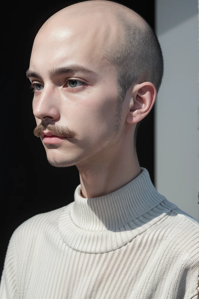 make a 17 year old person with 1.70 tall, with thin mustache, defined jaw, small white wireless headphones and a black sweater and this person is completely bald. make the image quite realistic with very good quality