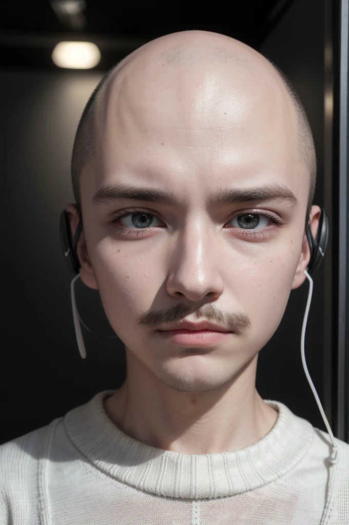 make a 17 year old person with 1.70 tall, with thin mustache, defined jaw, small white wireless headphones and a black sweater and this person is completely bald. make the image quite realistic with very good quality