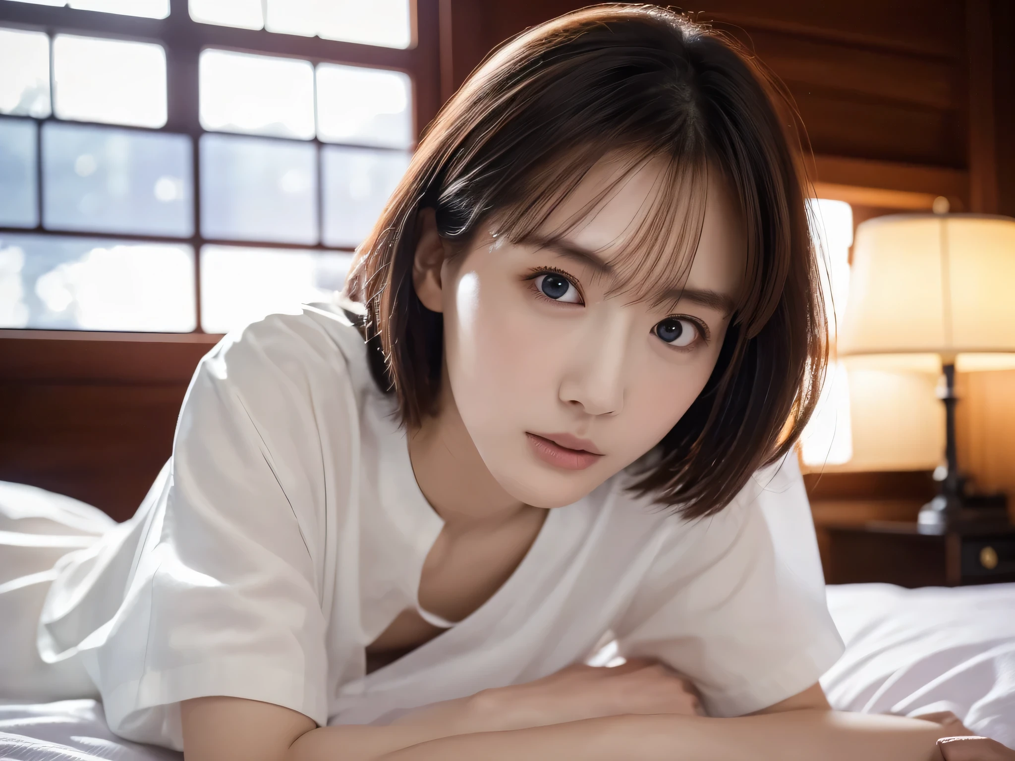 Beautiful girl lying on the bed, ************, (Highest quality:1.4), (Very detailed), (Very detailed美しい顔), Sleepy eyes, White T-shirt, Great face and eyes, iris, Medium Hair, Japanese Beauty, (Skinny body type:1.1), (Flat Chest:1.3), Embarrassed expression,(Puppy licking cheek),Smooth, Very detailed CG synthesis 8k wallpaper, High-resolution RAW color photos, Professional photography, Light, BackLight, dream-like, impressive, Written boundary depth, bedroom, (Close-up of face:1.5), (Shooting from below:1.5)