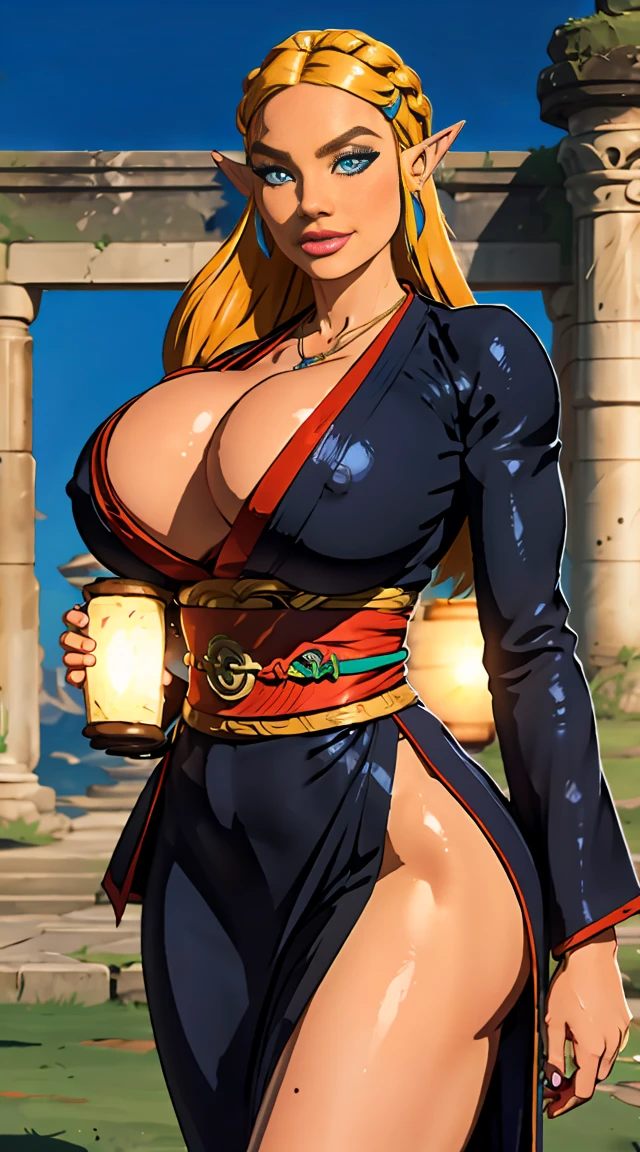 masterpiece, best quality, Zelda, beautiful lighting, long hair, black kimono, cleavage, necklace, sash, gigantic breasts, standing, looking at viewer, blue eyes, furrowed brow, smile, japanese architecture, cowboy shot, shiny skin, gigantic breasts, curvy, seductive smile