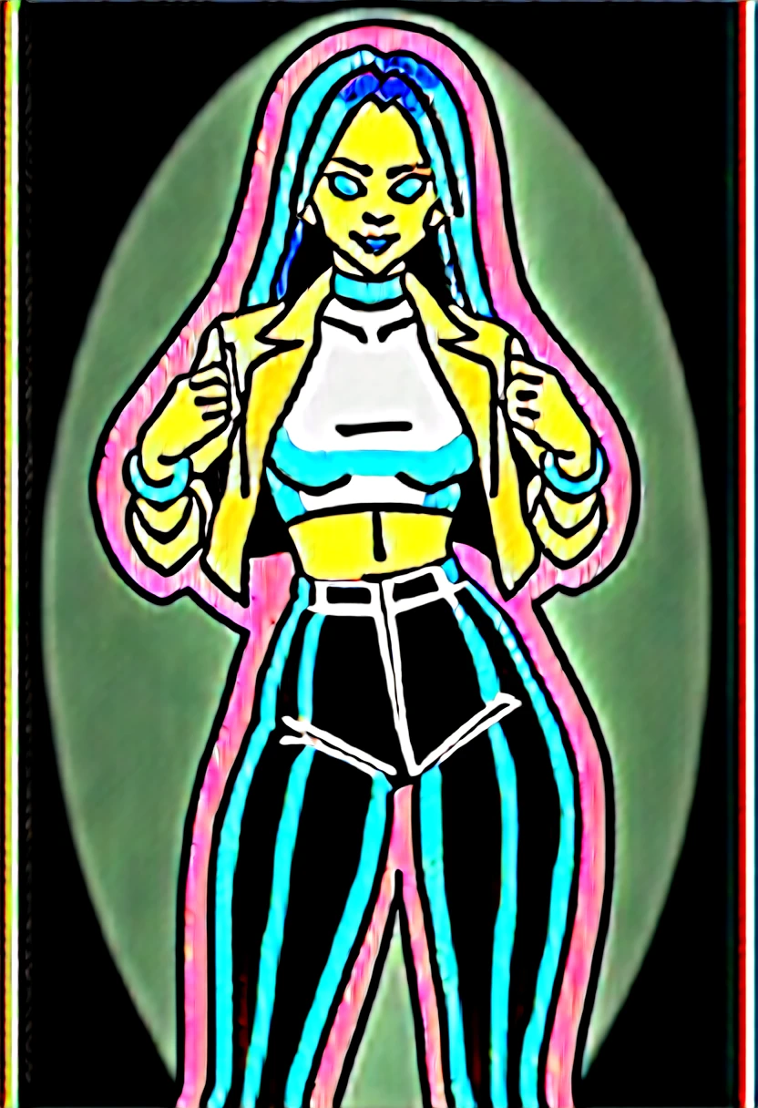 hyperrealism, photorealistic, 20 yo female, solo, toned, wide hips, long black hair, thick thighs, ifbb, thick lips, thin waist, slendered abs, narrow waist, small waist, dark skin, lipstick, neon glowing bracelet, glowing armlet, bounce light, riml ighting, (sparkling translucent criss-cross top), (wet transparent half-jacket), tight (snakeskin leather pants), high detail