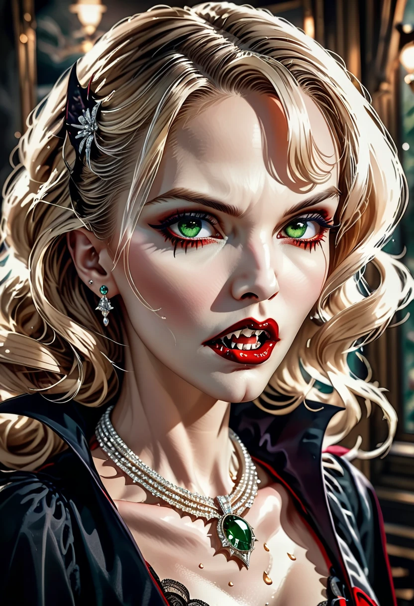 ((a photorealistic portrait of an exquisite, glamour female vampire: 1.5)) , pale face, blond hair, long vibrant shiny hair, glamorous hair, emerald green eyes, deep penetrating eyes, red lips, lustful lips, ((two vampiric fangs: 1.5), drops of blood dripping from the mouth, ((1920's style: 1.5)), she wears an intricate diamond necklace and earrings, 1920's style clothes, (highest quality:1.2, Very detailed, up to date, Vibrant, Ultra-high resolution, High Contrast, masterpiece:1.2, highest quality, Best aesthetics), best details, best quality, highres, ultra wide angle, 16k, [ultra detailed], masterpiece, best quality, (extremely detailed), Genetically modified..., Cinematic Hollywood Film, traditional watercolor painting