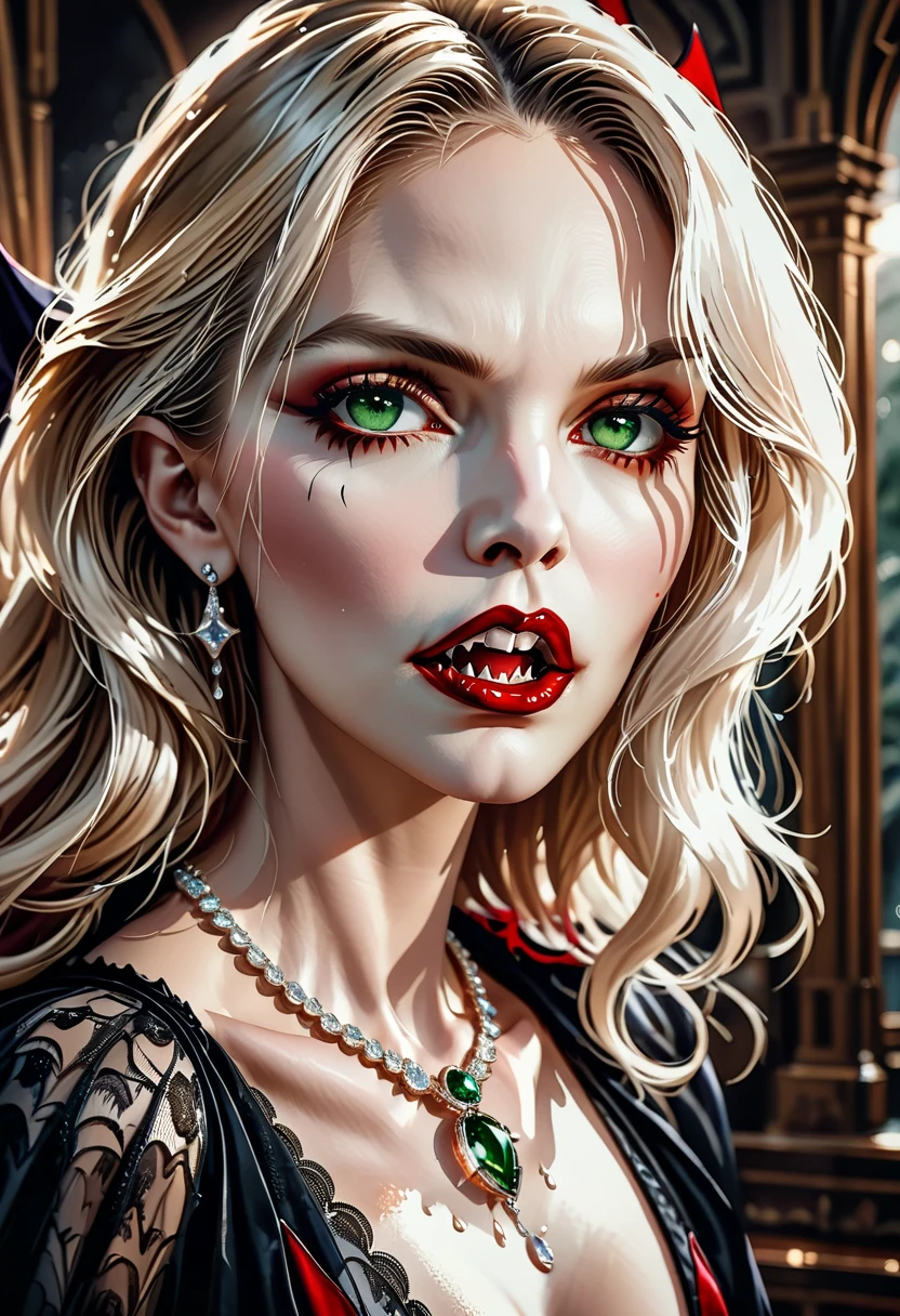 ((a photorealistic portrait of an exquisite, glamour female vampire: 1.5)) , pale face, blond hair, long vibrant shiny hair, glamorous hair, emerald green eyes, deep penetrating eyes, red lips, lustful lips, ((two vampiric fangs: 1.5), drops of blood dripping from the mouth, ((1920's style: 1.5)), she wears an intricate diamond necklace and earrings, 1920's style clothes, (highest quality:1.2, Very detailed, up to date, Vibrant, Ultra-high resolution, High Contrast, masterpiece:1.2, highest quality, Best aesthetics), best details, best quality, highres, ultra wide angle, 16k, [ultra detailed], masterpiece, best quality, (extremely detailed), Genetically modified..., Cinematic Hollywood Film, traditional watercolor painting