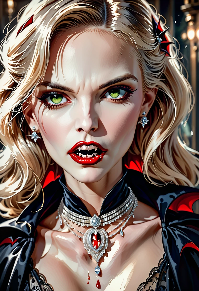((a photorealistic portrait of an exquisite, glamour female vampire: 1.5)) , pale face, blond hair, long vibrant shiny hair, glamorous hair, emerald green eyes, deep penetrating eyes, red lips, lustful lips, ((two vampiric fangs: 1.5), drops of blood dripping from the mouth, ((1920's style: 1.5)), she wears an intricate diamond necklace and earrings, 1920's style clothes, (highest quality:1.2, Very detailed, up to date, Vibrant, Ultra-high resolution, High Contrast, masterpiece:1.2, highest quality, Best aesthetics), best details, best quality, highres, ultra wide angle, 16k, [ultra detailed], masterpiece, best quality, (extremely detailed), Genetically modified..., Cinematic Hollywood Film, traditional watercolor painting