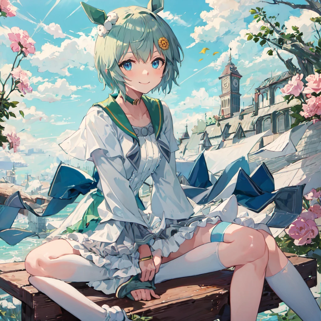 (masterpiece, Highest quality:1.2), alone, One girl, Seiun Sky, smile, View your viewers, Hair Clip, Hair Flowers, Horse's ears, Frills, shirt, Long sleeve, Green shorts, Horse tail, Scratch Hu、sit、Dandelion Seiunsky, hairclip, hair flower, horse ears, horse tail
frills, shirt, long sleeves, green short pants, white shirt, puffy short sleeves, white thigh highs
