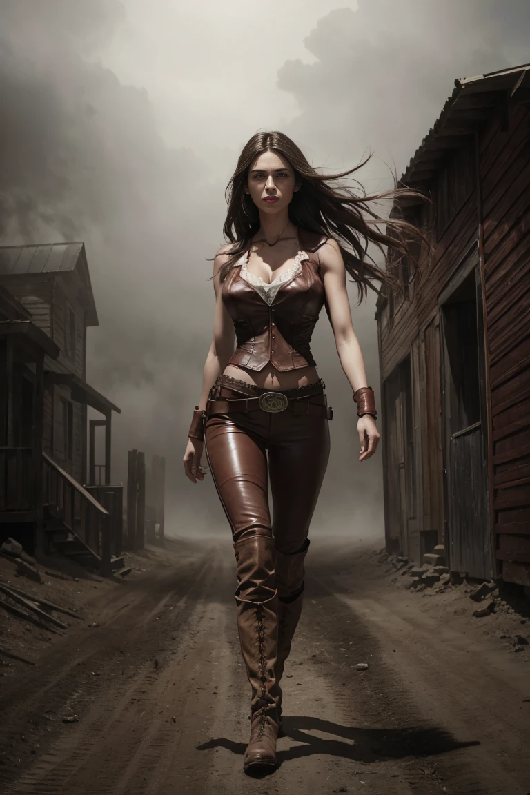 circa 1880s full body western cowboy woman, long brown straight hair, brown eyes, high arched eyebrows, long graceful neck, red lips, large breasts, tight brown leather pants, sleeveless brown leather vest, leather western boots, deserted uninhabited North American small town walking on a dusty sandy street with the wind blowing her hair, realistic, photorealistic, photorealistic, horror, dark and gloomy atmosphere with dramatic lighting, dull reddish colors, Foggy environment, detailed facial expressions, Horrible fog