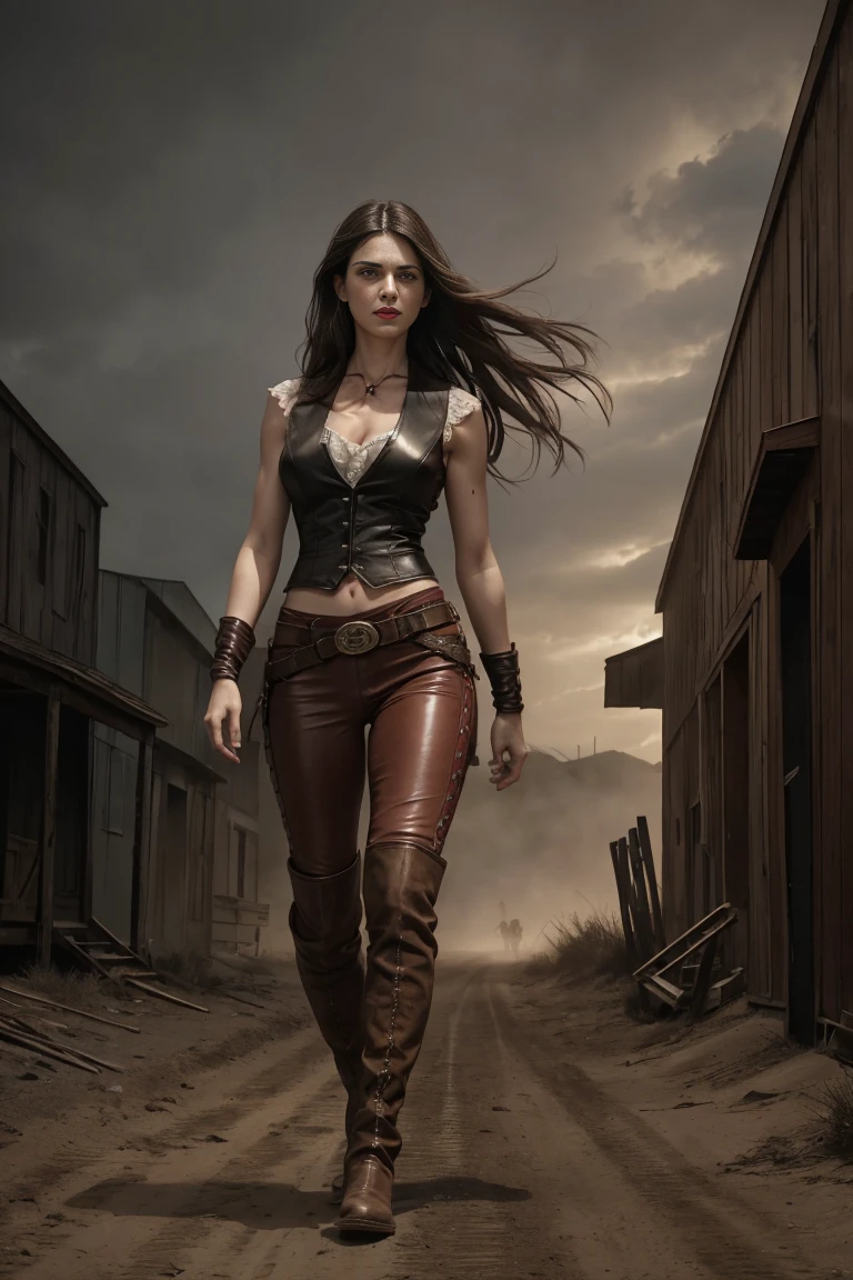 circa 1880s full body western cowboy woman, long brown straight hair, brown eyes, high arched eyebrows, long graceful neck, red lips, large breasts, tight brown leather pants, sleeveless brown leather vest, leather western boots, deserted uninhabited North American small town walking on a dusty sandy street with the wind blowing her hair, realistic, photorealistic, photorealistic, horror, dark and gloomy atmosphere with dramatic lighting, dull reddish colors, Foggy environment, detailed facial expressions, Horrible fog