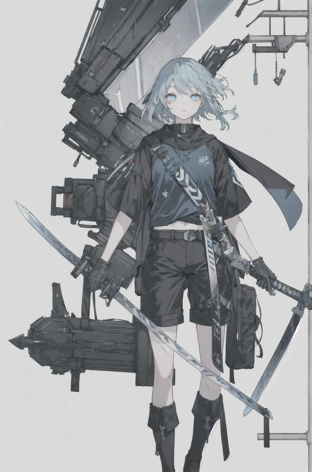 8K,high resolution,absurd,masterpiece,best quality,The original,Extremely detailed CG,Extremely detailed wallpaper,Perfect lighting,1 Girl,Vague_background,
(hutaodef:1.2),Black shorts,black h在 with h在 ,blue eyes,Gray-blue hair,Regular Clothes,Blue cat's eye,modern,A huge mechanical sword is floating around him.,Floating