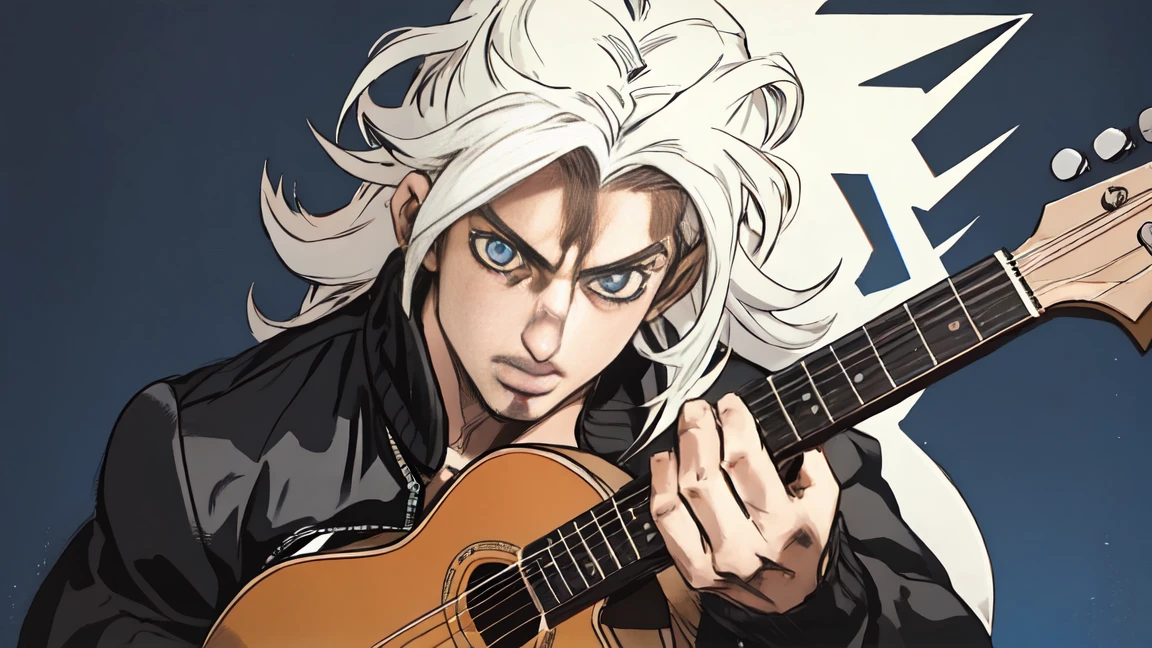 ((Hirohiko Araki style)), One male, long hair, black hair, blue eyes, tall, holding guitar, muscular, bomber jacket, beautiful face, ((highest quality)), ((masterpiece)), 2d, ((anime)), (perfect face), ((highest detail)), feline eyes, stubble, lion tail, wavy hair, cowboy shot, detailed face, intricate details, (paisley background), ((solo)), relaxed expression,