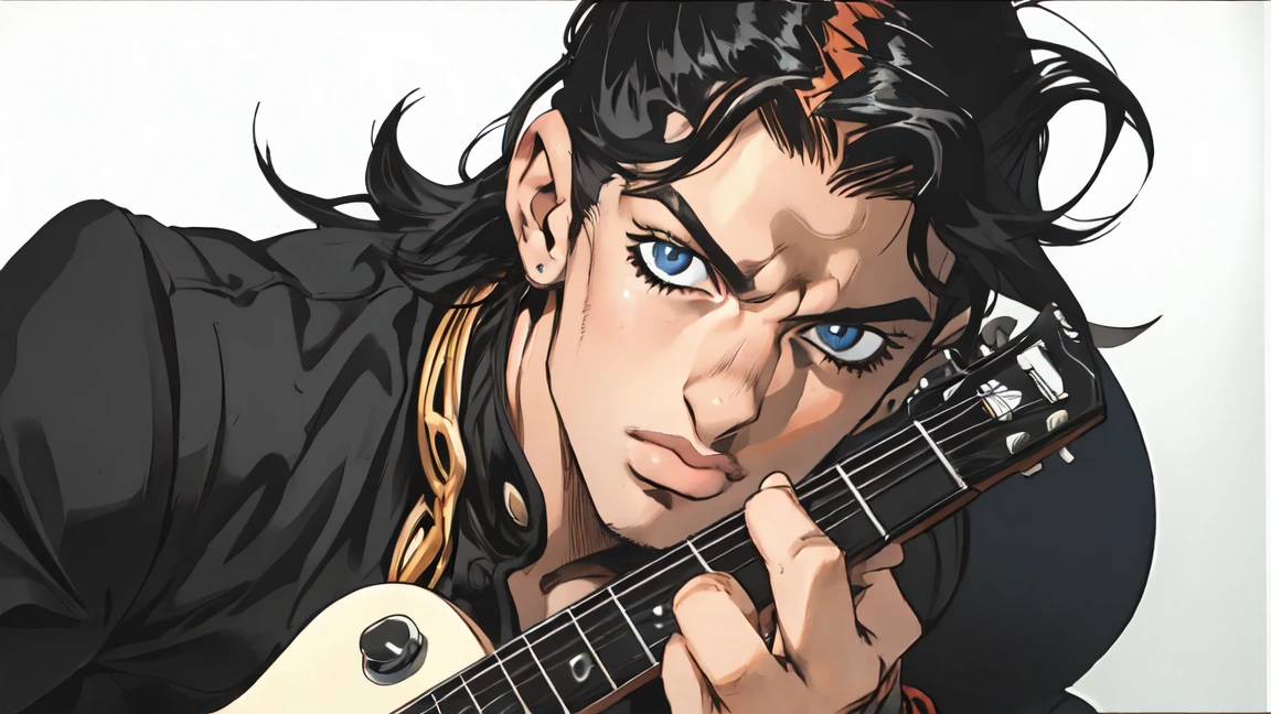 ((Hirohiko Araki style)), One male, long hair, black hair, blue eyes, tall, holding guitar, muscular, bomber jacket, beautiful face, ((highest quality)), ((masterpiece)), 2d, ((anime)), (perfect face), ((highest detail)), feline eyes, stubble, lion tail, wavy hair, cowboy shot, detailed face, intricate details, (paisley background), ((solo)), relaxed expression,