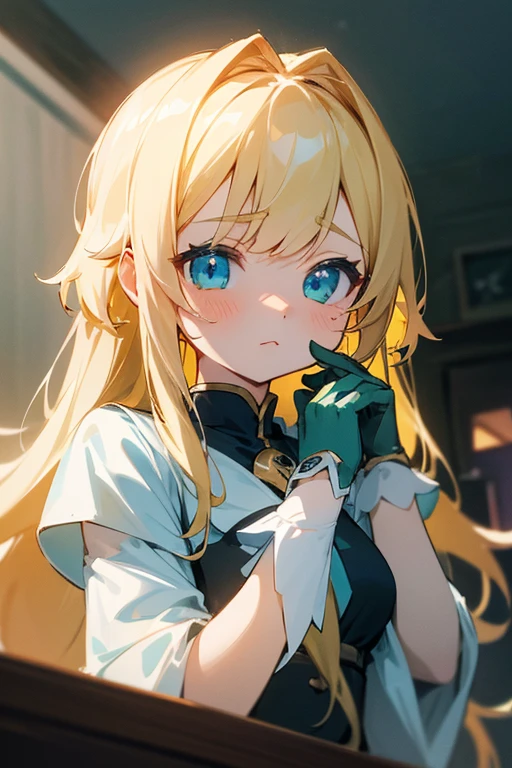 (artwork), (great work), (indirect lighting), (Chibi Cute Studio), (GIFcuteアニメ), (cute cute), (Highly detailed CG 8k unit wallpaper), (One girl) cuteドレスを着て, cuteフリルのティアラが付いた長い青い髪, Wearing silk gloves, White skin, Green and blue eyes, (cute)
