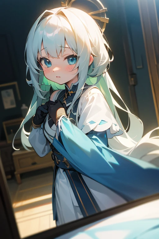 (artwork), (great work), (indirect lighting), (Chibi Cute Studio), (GIFcuteアニメ), (cute cute), (Highly detailed CG 8k unit wallpaper), (One girl) cuteドレスを着て, cuteフリルのティアラが付いた長い青い髪, Wearing silk gloves, White skin, Green and blue eyes, (cute)