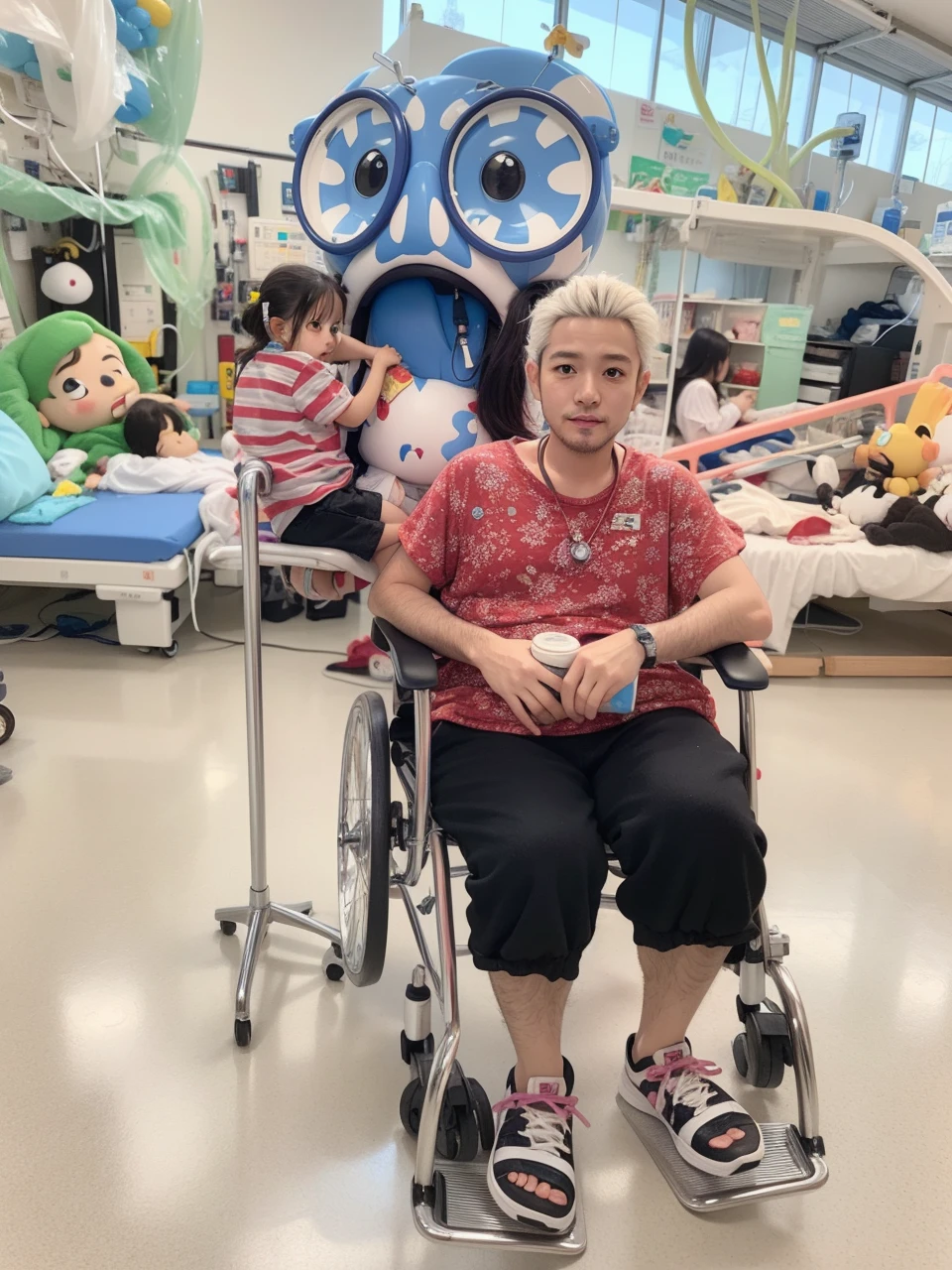 highly detailed 3D render cute kazuhiro1, man, black long hair, ponytail, (facial hair:0.3), realistic chibi, with doctor costume, kids cartoon style, high detailed textures, soft smooth textures, in a hospital soft blue purple color gradient in background