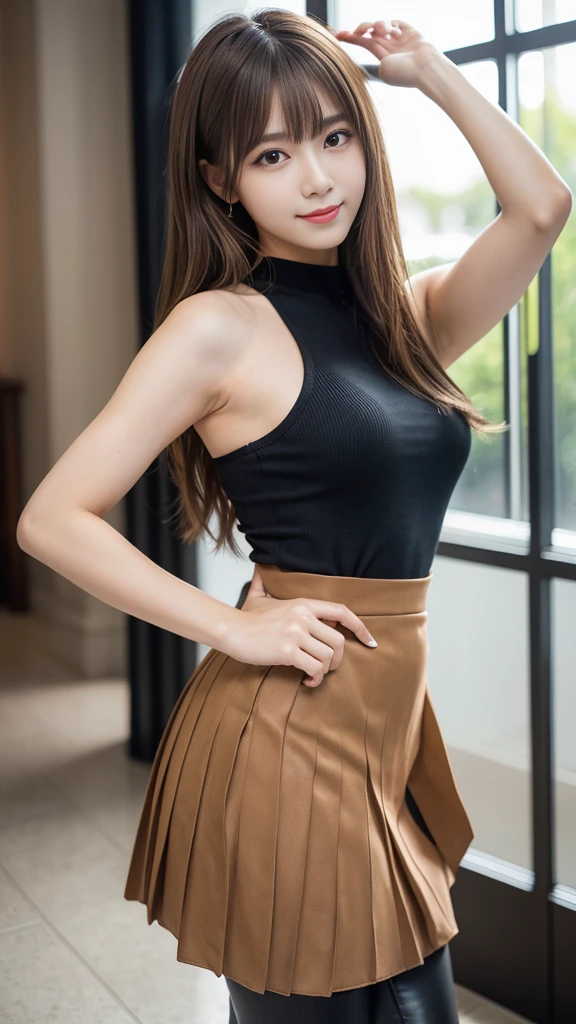 masterpiece, Highest quality, Super detailed, 複雑に詳細なSuper detailed, Realistic, Sharp features, Very detailed, Sharp focus, Perfect Face, Perfect Face, Perfect symmetrical perfect eyes, Perfect Plump Lips, Flexible female form, Cinematic, Film Light, Super detailed, hyper Realistic, High resolution, smile, Happy, Light brown hair, Asymmetrical Hair, Asymmetrical bangs, Messy Hair, Attractive pose, skinny Idol Sculpture, Idol Sculpture, Pleated skirt, close, (Wearing clothes:1.3), Natural light, Black leggings, Roll up your skirt, Dynamic pose,