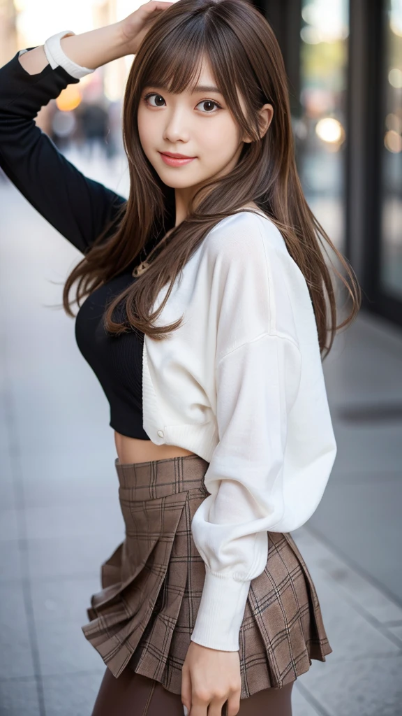 masterpiece, Highest quality, Super detailed, 複雑に詳細なSuper detailed, Realistic, Sharp features, Very detailed, Sharp focus, Perfect Face, Perfect Face, Perfect symmetrical perfect eyes, Perfect Plump Lips, Flexible female form, Cinematic, Film Light, Super detailed, hyper Realistic, High resolution, smile, Happy, Light brown hair, Asymmetrical Hair, Asymmetrical bangs, Messy Hair, Attractive pose, skinny Idol Sculpture, Idol Sculpture, Pleated skirt, close, (Wearing clothes:1.3), Natural light, Black leggings, Roll up your skirt, Dynamic pose, 