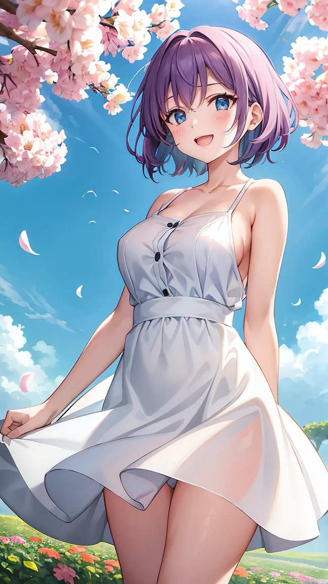 Girl with short green hair, Small size breasts, Small breasts、Green Eyes, White Casual Wear Beauty Special、(((tits))),Full body shot from head to toe、White dress、Colorful flower fields、Fluttering petals、A big smile when looking at the flowers、Uplifting、Swaying in the Wind、Gusts from bottom to top、小さなとのツーショット、child(Magenta hair、Emerald blue eyes)