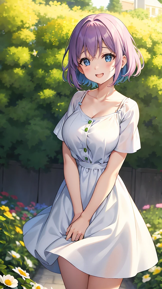 Girl with short green hair, Small size breasts, Small breasts、Green Eyes, White Casual Wear Beauty Special、(((tits))),Full body shot from head to toe、White dress、Colorful flower fields、Fluttering petals、A big smile when looking at the flowers、Uplifting、Swaying in the Wind、Gusts from bottom to top、小さなとのツーショット、（Magenta hair、Emerald blue eyes）