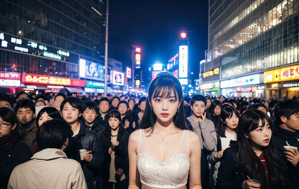 crowd, in shibuya city, thick fog, sony a7, film grain, dark night, Photorealistic, one-point perspective, 32K, diffuse reflection, colorful shiny particles, Lens Flare, soft lighting, in allay