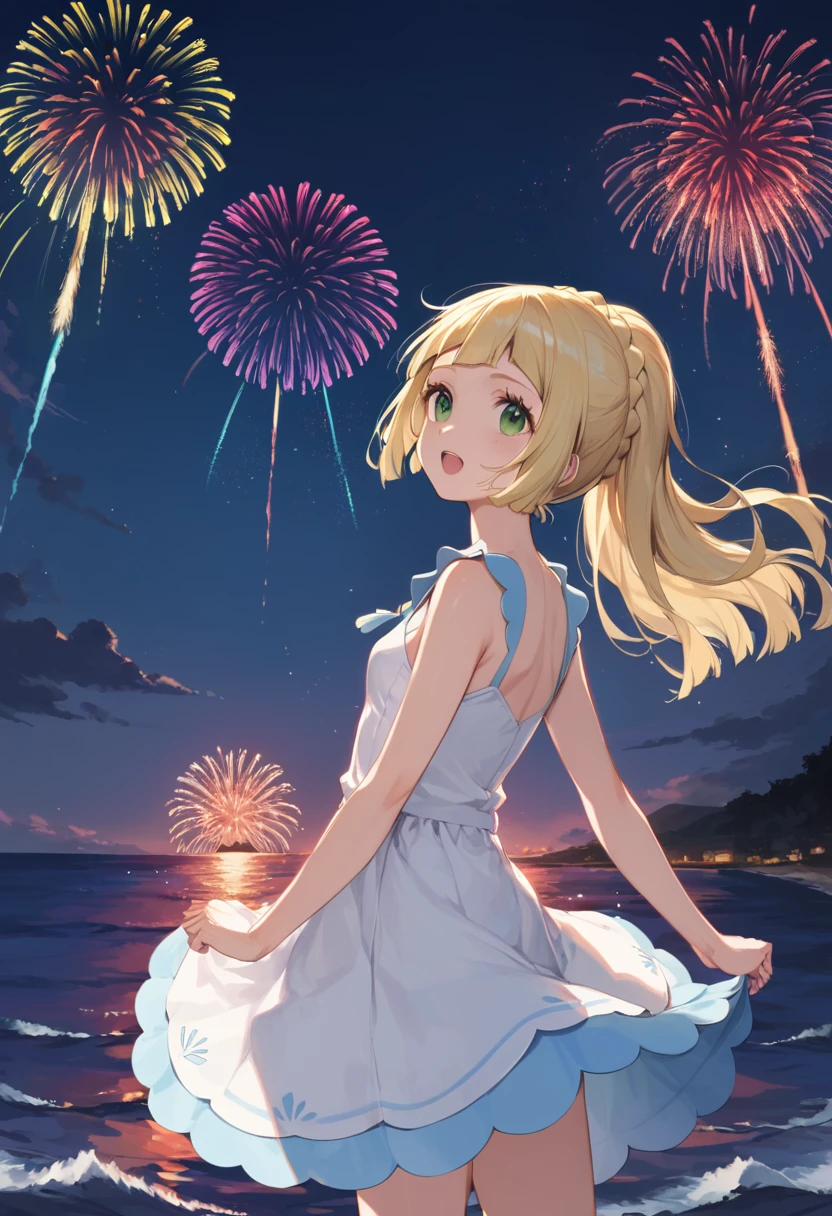 score_9,score_8_up,score_7_up,cowboy shot,(( Anime)),(details background),1girl,lillie(pokemon),open mouth,look up sky,night,sky,back view,Lots of fireworks,sea