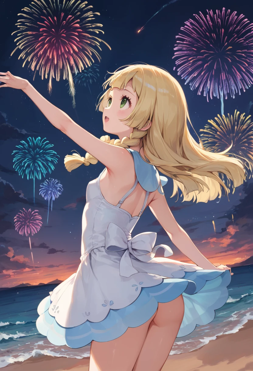 score_9,score_8_up,score_7_up,cowboy shot,((HENTAI Anime)),(details background),1girl,lillie(pokemon),open mouth,look up sky,night,sky,back view,Lots of fireworks,sea