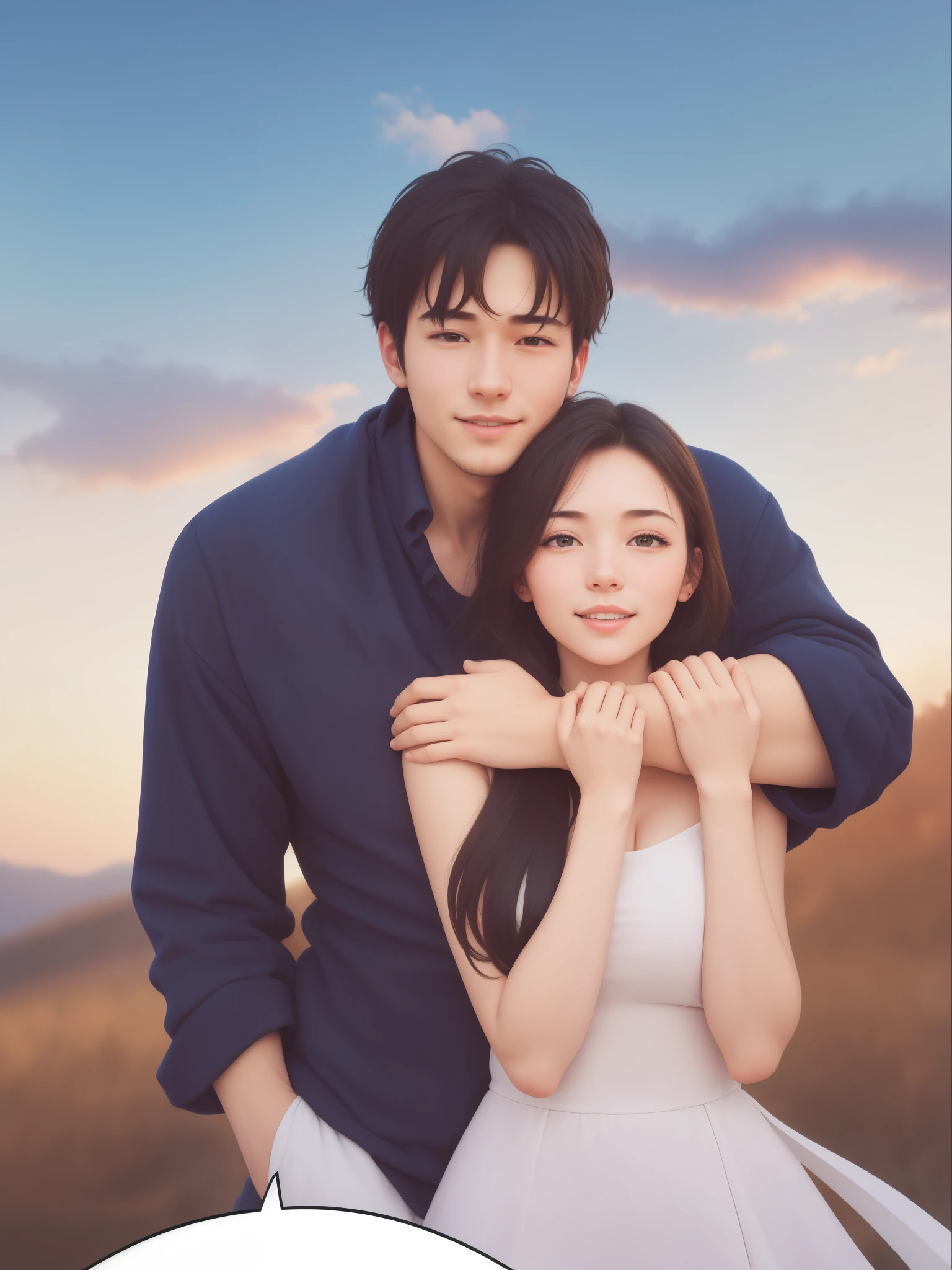 (best quality), big head,picture of a man and woman hugging in front of a sky, Hugging His Girlfriend, Love Each Other, Winds Blow, Happy, Warming, True Love, Couple Goals,UHD