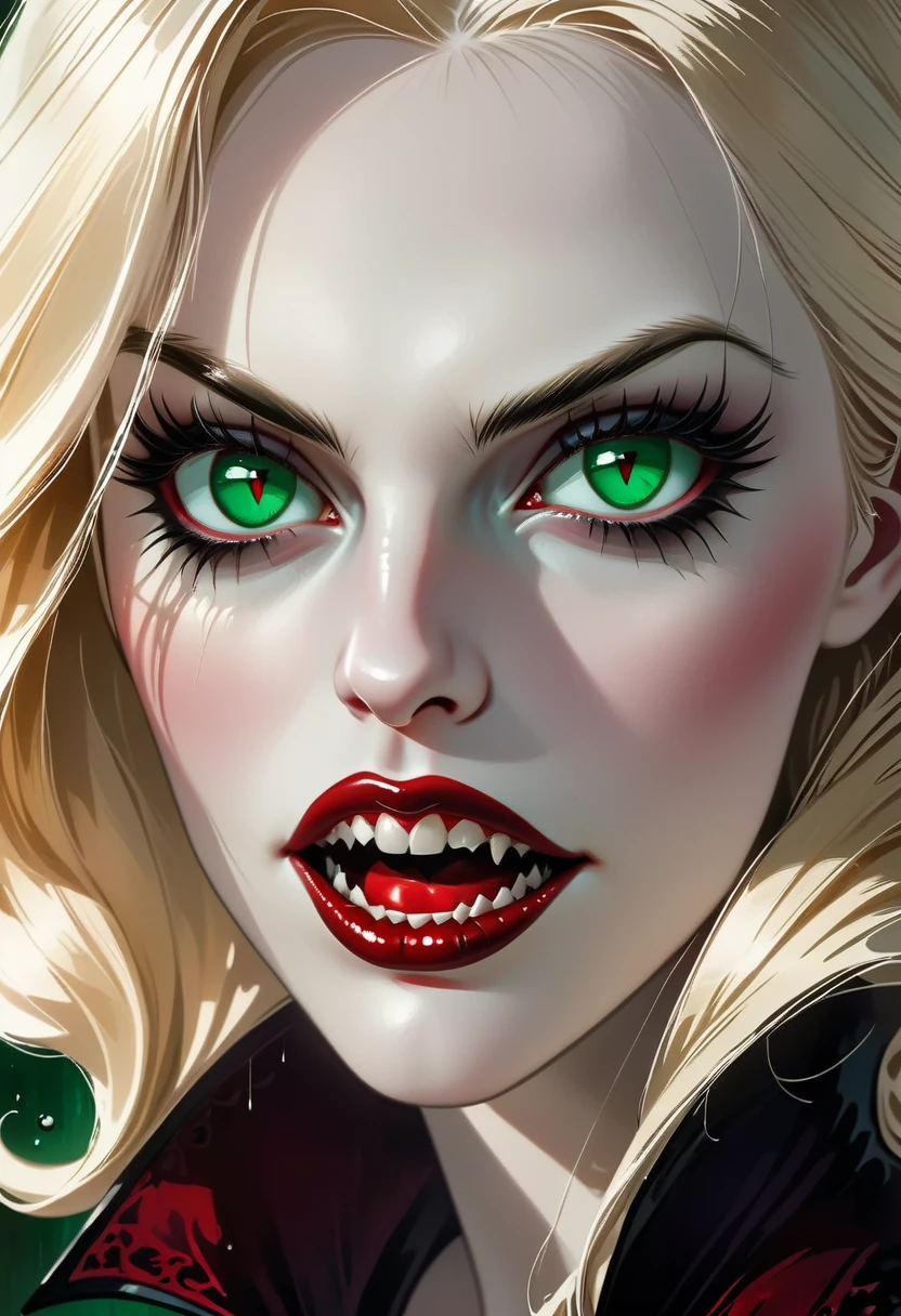 ((a photorealistic portrait of an exquisite, glamour female vampire: 1.5)) , pale face, blond hair, long vibrant shiny hair, glamorous hair, emerald green eyes, deep penetrating eyes, red lips, lustful lips, ((two vampiric fangs: 1.5), drops of blood dripping from the mouth, ((1920's style: 1.5)), (highest quality:1.2, Very detailed, up to date, Vibrant, Ultra-high resolution, High Contrast, masterpiece:1.2, highest quality, Best aesthetics), best details, best quality, highres, ultra wide angle, 16k, [ultra detailed], masterpiece, best quality, (extremely detailed), Genetically modified..., Cinematic Hollywood Film, traditional watercolor painting