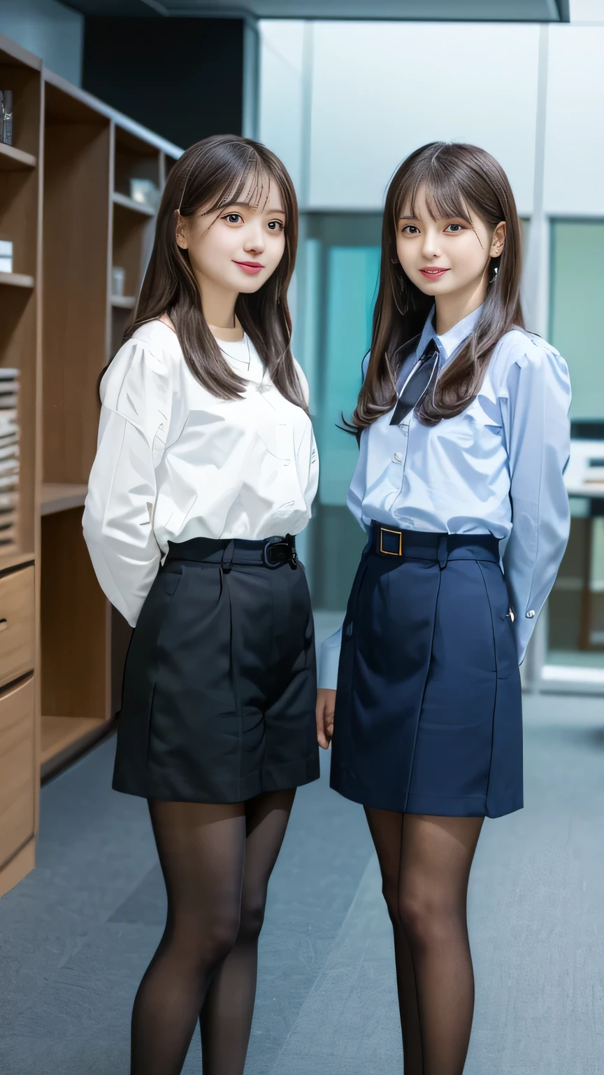 Highest quality, masterpiece, Realistic, Super Beauty、Very detailed, Ultra-high resolution, to be born:1.3), (Two women standing side by side 1.5), beautiful, （tights、pumps） 28 years old, office workers, violet| Sky blue} Clothes), (smile), (bangs), high waist, necklace, (office, indoor, ), (Long legs, High heels, whole body:1.2), (Medium Chest:1.3), (crowd)tights、