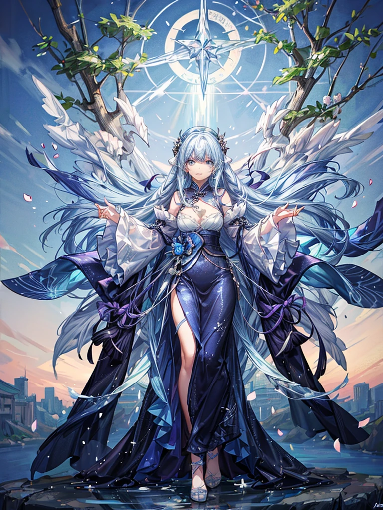 One beautiful woman、whole body、Character Design、Chinese clothing、Hime-kun、Transparent light blue hair、Crystal-like hair、Blue eyes that shine like jewels、mysterious、beautiful、Super detailed、Highest quality、masterpiece、Standing on the water、spirit、spring、bright