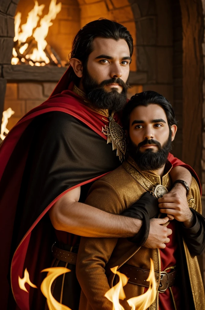 a fire elf with black hair and beard wearing a cape and a meerkat on his shoulder 