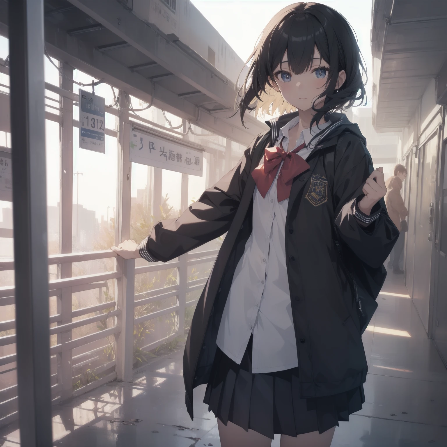 ultra-absurdres-Top quality by artist God, ultra-detailed, high resolution, anime moe artstyle, best anime 8k konachan wallpaper, pixiv contest winner, pool:2810, perfect anatomy,break, 1girl, (Please draw a girl walking sleepily to school alone. )break,(Solo,little female, 13-year-old:1.3),Full limbs, complete fingers,a junior high school student, (very short hair), short cut, flat chest, , small butt, small black eyes, beautiful detailed eyes, well-proportioned iris and pupils, expressive eyes, highres detailed hair, soft expression, salor school_uniform, sailor collar, serahuku, bow, pleated skirt,(Detailed Lighting), (Detailed background), in the School commute route. break,super detailed skin, Best cinematic lighting powered by famous artist, 8k,beauty illustration,photoshop_(medium),very aesthetic,break,((artist:wa_(genryusui) )), artist:clamp ,artist:carnelian ,artist:kantoku ,