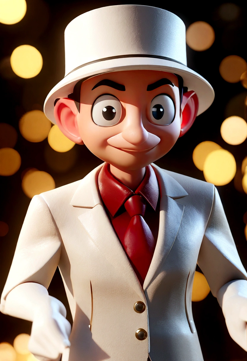 Cartoon character of a man in a white suit, with a red tie and red shirt, white hat, an animated character, Stylized character, animation style rendering, 3D stylized, Arnold Maya render, 3d stylized render, toon render keyshot, 3D Character , 3D Character, 3d rendering stylized, 3 d character render, cartoon character, Close up character, Character pose, (Pixar Style) (master part:1.2) (Bokeh) (best quality) (detailed skin) (texture detailed) (8k) (clay) (Cinematic lighting) (sharp focus，Sits and leaks upper body