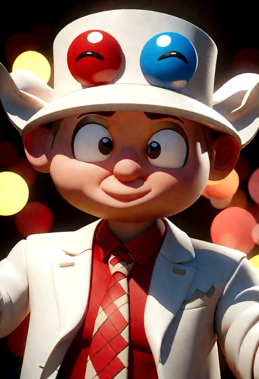 Cartoon character of a man in a white suit, with a red tie and red shirt, white hat, an animated character, Stylized character, animation style rendering, 3D stylized, Arnold Maya render, 3d stylized render, toon render keyshot, 3D Character , 3D Character, 3d rendering stylized, 3 d character render, cartoon character, Close up character, Character pose, (Pixar Style) (master part:1.2) (Bokeh) (best quality) (detailed skin) (texture detailed) (8k) (clay) (Cinematic lighting) (sharp focus，Sits and leaks upper body