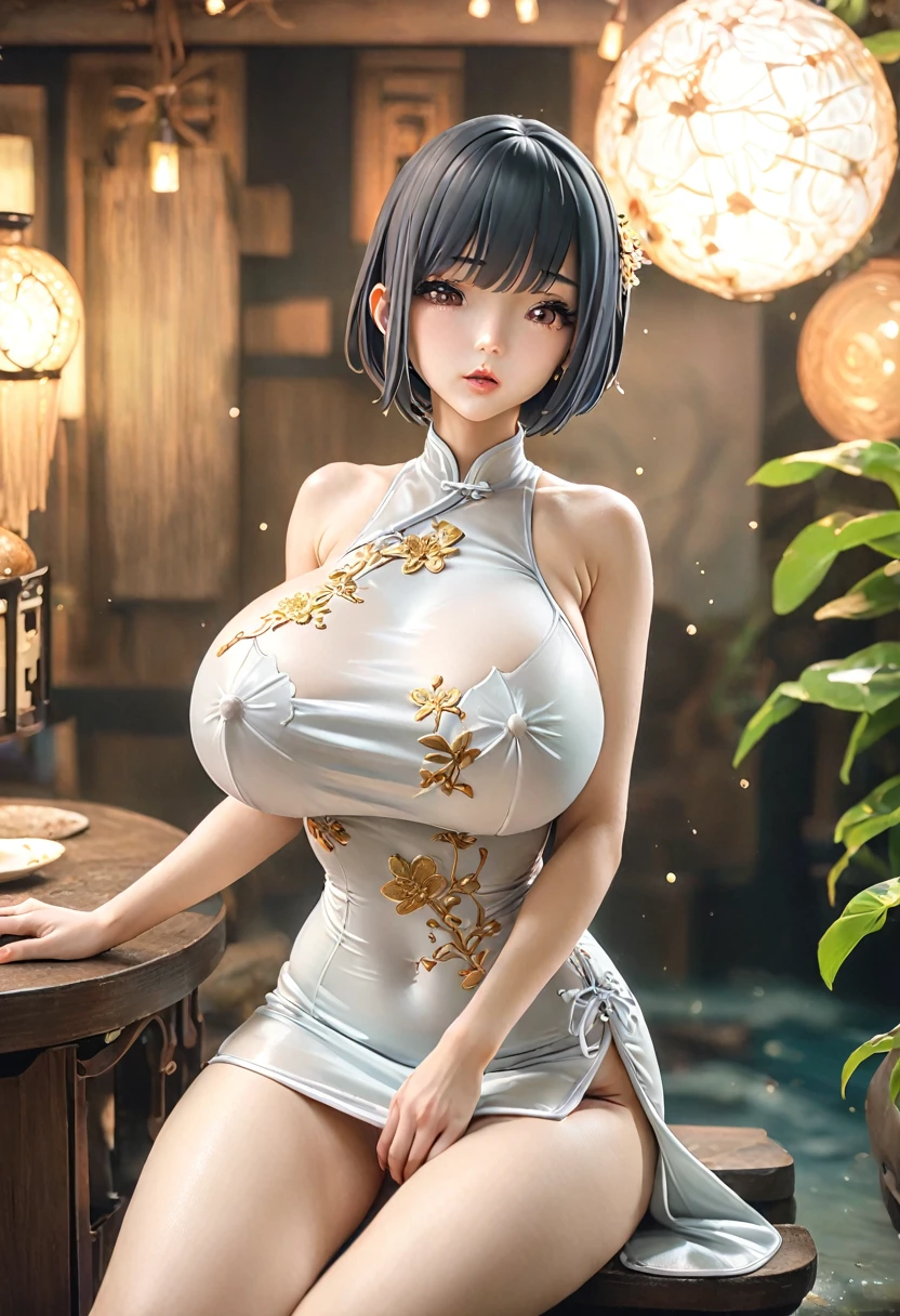 (masterpiece, best quality:1.2), 1 girl, solitary，short hair（（White  cheongsam）），Large （HD）（（best quality））， （（Surrealism））