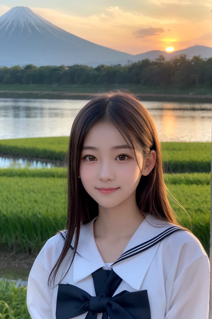 (1 Girl )、(Beautiful Japanese、18years old,round face、Refreshing、clear、seems kind、stylish、Pitiful、cute like an angel、cute、black eyes、,actress,Almond-shaped eyes,Translucent white skin、Beautiful skin), {(Japan human face:1.4)} , (((Beautiful breasts:0.4))),(((soft breasts))),(very cute),(Black hair),(enchanting eyes),(highlight on eyes:1.2)、(8K、Live shooting、highest quality、masterpiece:1.2、optimal lighting)、((masterpiece)),(Photo taken by a professional photographer),(real、photo real:1.4),BREAK,{(cute Japanese high school sailor uniform),((traditional Sailor Suit:1.0))},(cheeks are red:1.3), BREAK, BREAK,Face shot:1.3、 face close-up,Looking at viewer,smile,evening、Japan,evening、sunset、、cumulonimbus,A fresh breeze、Hair swaying in the wind:1.4,Sunset,profile,Green rice fields, country roads and mountains in the distance