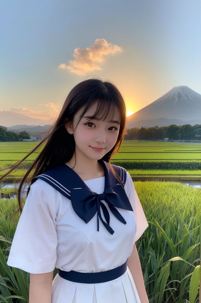 (1 Girl )、(Beautiful Japanese、18years old,round face、Refreshing、clear、seems kind、stylish、Pitiful、cute like an angel、cute、black eyes、,actress,Almond-shaped eyes,Translucent white skin、Beautiful skin), {(Japan human face:1.4)} , (((Beautiful breasts:0.4))),(((soft breasts))),(very cute),(Black hair),(enchanting eyes),(highlight on eyes:1.2)、(8K、Live shooting、highest quality、masterpiece:1.2、optimal lighting)、((masterpiece)),(Photo taken by a professional photographer),(real、photo real:1.4),BREAK,{(cute Japanese high school sailor uniform),((traditional Sailor Suit:1.0))},(cheeks are red:1.3), BREAK, BREAK,Face shot:1.3、 face close-up,Looking at viewer,smile,evening、Japan,evening、sunset、、cumulonimbus,A fresh breeze、Hair swaying in the wind:1.4,Sunset,profile,Green rice fields, country roads and mountains in the distance
