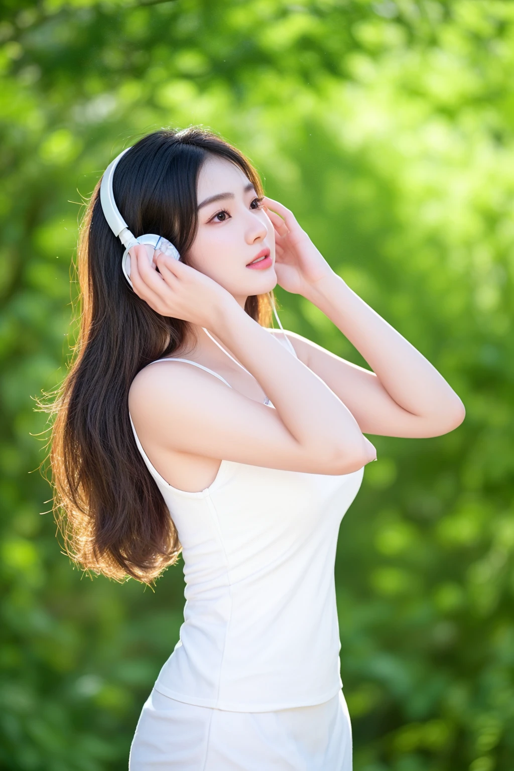 arafed woman in white top and headphones standing in front of trees, girl wearing headphones, beautiful young korean woman, beautiful south korean woman, wearing headphones, listening to music, wearing modern headphone, asian girl with long hair, beautiful asian girl, korean girl, with headphones, with head phones, a young asian woman, young asian girl, closeup portrait shot