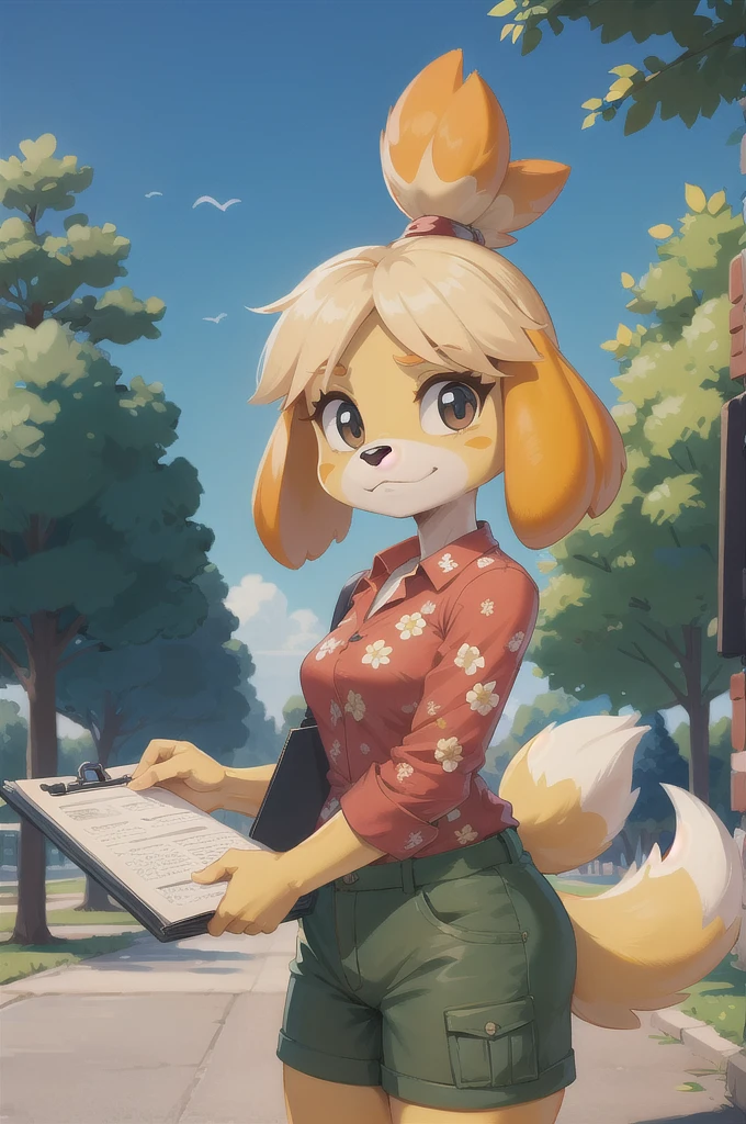 isabelle \(animal crossing\), furry, yellow skin, red floral shirt, cargo shorts, tail, looking at viewer, serious, standing, outside, plaza, holding clipboard, trees, blue sky, high quality, masterpiece, 