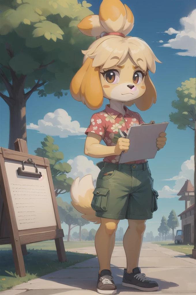 isabelle \(animal crossing\), furry, yellow skin, red floral shirt, cargo shorts, tail, looking at viewer, serious, standing, outside, plaza, holding clipboard, trees, blue sky, high quality, masterpiece,