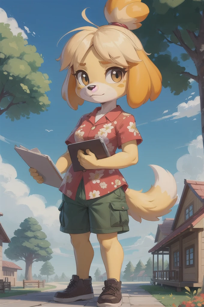 isabelle \(animal crossing\), furry, yellow skin, red floral shirt, cargo shorts, tail, looking at viewer, serious, standing, outside, plaza, holding clipboard, trees, blue sky, high quality, masterpiece, 