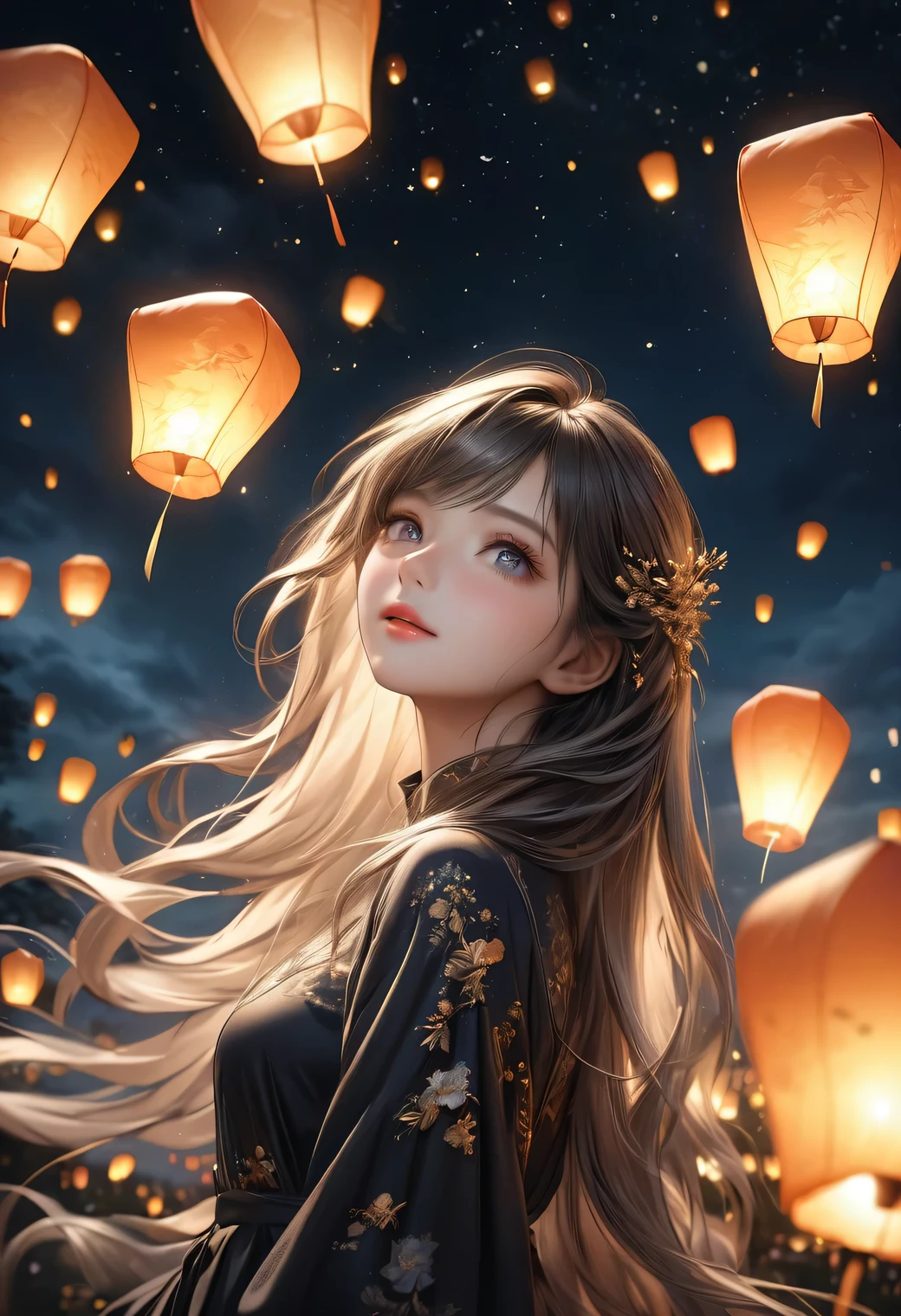 beautiful cute girl looking up at the night sky, sky-lantern festival, Sky-lanterns, a fantastic sight where countless sky-lanterns decorate the night sky, dark moody atmosphere, (highest quality,16k,highres,masterpiece:1.2),ultra-detailed,(ultra-realistic,photorealistic,photo-realistic:1.37),night sky, dark tones, floating sky-lanterns, soft lighting, serene, atmospheric, whimsical, dreamlike, magical realism, long flowing hair, through bangs, Beautiful attention to detail, Beautiful lip detail, Highly detailed face, detailed facial features, long lashes, shining eyes, nijistyle,cute girl,woman