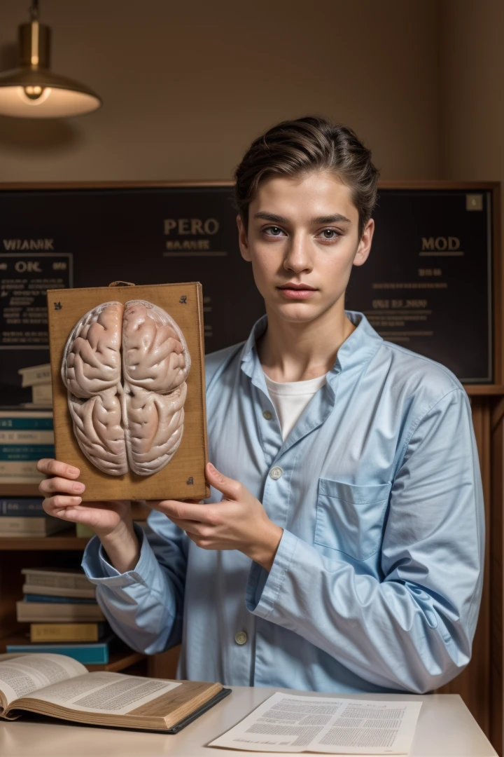 A young male twink, cute, beautiful, soft, with a beautiful face with make-up and blush, and black hair, and his eyes have dark circles under them. He is wearing a long-sleeved aquamarine shirt and white jeans. He is in the Faculty of Medicine, studying on the blackboard with brain anatomy written on it, and on his desk are scientific medical books.  And manuscripts of brain anatomy