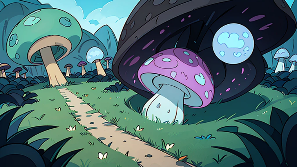 You are in an area that looks strange and scary. The area is filled with all kinds of colorful and glittering giant mushrooms. There are also several types of creeping plants in the area.
Describe the situation by emphasizing the action, shape, interlacing and space